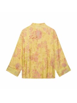 Women Yellow Floral Printing 2-Piece Set Women Stand Collar Long Sleeve Shirt + High Waist Wide Leg Pants Loose Lady Suit