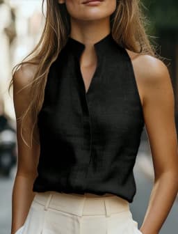 Women's Sleeveless Linen Blend Top Mock Neck V Placket Relaxed Fit Blouse