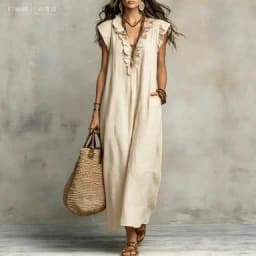 2026 Summer Women Boho Cotton Linen Maxi Dress Solid Color Ruffle V Neck Sleeveless Loose Long Dresses With Pockets Casual Beach