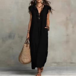 2026 Summer Women Boho Cotton Linen Maxi Dress Solid Color Ruffle V Neck Sleeveless Loose Long Dresses With Pockets Casual Beach
