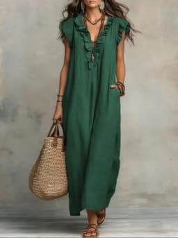 2026 Summer Women Boho Cotton Linen Maxi Dress Solid Color Ruffle V Neck Sleeveless Loose Long Dresses With Pockets Casual Beach