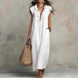 2026 Summer Women Boho Cotton Linen Maxi Dress Solid Color Ruffle V Neck Sleeveless Loose Long Dresses With Pockets Casual Beach