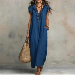 2026 Summer Women Boho Cotton Linen Maxi Dress Solid Color Ruffle V Neck Sleeveless Loose Long Dresses With Pockets Casual Beach