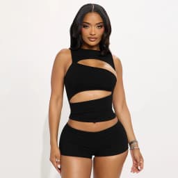 Chic Women Black Round Neck Sleeveless Cut Out Tank Top and Shorts Set for Casual Sexy Party
