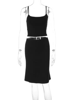 Hugcitar Casual 2 Piece Sets Solid Slips Backless Sexy Crop Camis Top Midi Skirt Women Summer Outfits Party Holiday Club