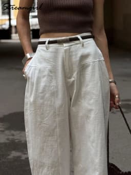 White Cotton Linen Pants Women Wide Leg Formal Trousers Summer Straight Leg Suit Pants High Waist Ladies Formal Pants Loose
