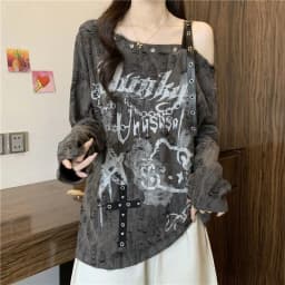 Loose and Slimming Oversized Women's T-shirt with Ragged and Faded V-neck and Off-shoulder Long Sleeves for Spring and Autumn