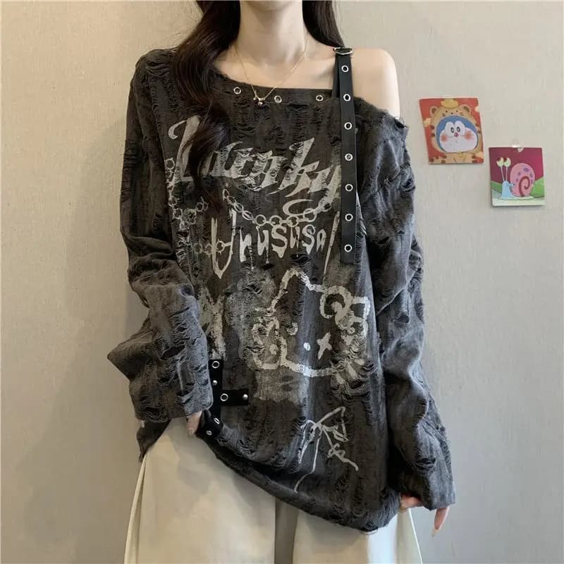 Loose and Slimming Oversized Women's T-shirt with Ragged and Faded V-neck and Off-shoulder Long Sleeves for Spring and Autumn