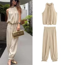 Women's Suit 2026 Summer New Khaki Sleeveless Beaded Vest with Lantern Pants Set Fashionable and Stylish