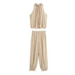 Women's Suit 2026 Summer New Khaki Sleeveless Beaded Vest with Lantern Pants Set Fashionable and Stylish