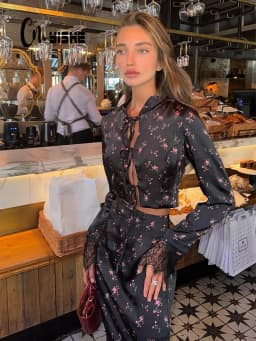 CNYISHE Prints Suits 2-Pieces(Tops+Skirts) Women Sets Fashion Casual Lace-up Long Sleeve O Neck Sheath Trendy Female Streetwear