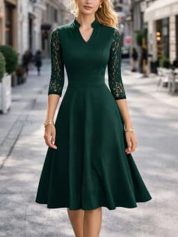 Women Sexy V-Neck Lace 2/3 Sleeve Summer Work Office Knee Length Base Show Thin Temperament Fit And Flare Swing A-Line Dress