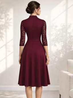 Women Sexy V-Neck Lace 2/3 Sleeve Summer Work Office Knee Length Base Show Thin Temperament Fit And Flare Swing A-Line Dress