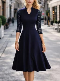 Women Sexy V-Neck Lace 2/3 Sleeve Summer Work Office Knee Length Base Show Thin Temperament Fit And Flare Swing A-Line Dress