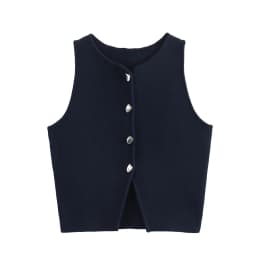 MUJER Pink Knit Sleeveless Vest Women Cropped Sweater Vest Top Women Yellow Button Vests Women Streetwear Waistcoat Knitwears