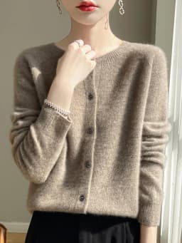 Women 100% Merino Wool Cardigan Soft O-Neck Cashmere Sweater OL Buttoned Knitwear Casual Top Clothing Korean Style