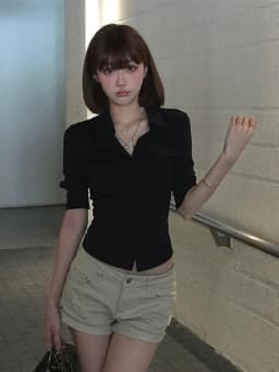 Genayooa Y2k Japanese Balck Shirt Women Three Quarter Sleeve Casual Shirt Pocket American Retro Crop Tops Streetwear Grunge Tops