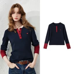 TOYOUTH Women's Henley T-Shirt Fall 2026 Soft Breathable Fiber Slim Fit Contrast Color Buttons Heart Embroidery Long Top