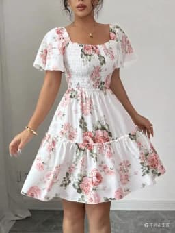 Women Floral Print Sashes Ruffle Hem Short Sleeve Casual Dress, Vacation Style Women's Evening Dresses