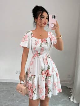 Women Floral Print Sashes Ruffle Hem Short Sleeve Casual Dress, Vacation Style Women's Evening Dresses