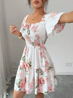Women Floral Print Sashes Ruffle Hem Short Sleeve Casual Dress, Vacation Style Women's Evening Dresses