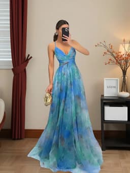 2026 NEW WOMEN'S MESH PRINT BACKLESS CAMISOLE DRESS, LIGHT LUXURY ELEGANT EVENING GOWN FOR PARTIES