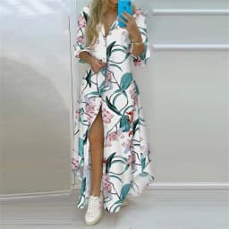 Summer Women Boho Printed Long Shirts Elegant Dress Turn-down Collar Long Sleeve Female Casual Split Shirt Evening Maxi Dresses