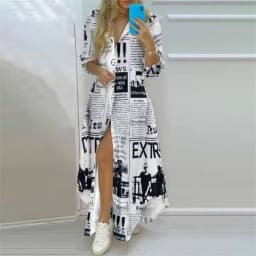 Summer Women Boho Printed Long Shirts Elegant Dress Turn-down Collar Long Sleeve Female Casual Split Shirt Evening Maxi Dresses