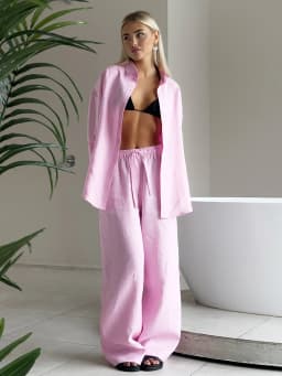 Bornladies Cotton Casual Pants Sets Women's Solid Color Cozy Lapel Long Sleeve Shirt Summer Outfit Elastic Waist Pants Suits