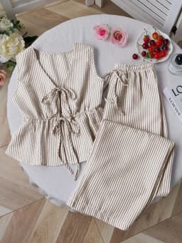 2026 Summer Two Piece Set Women Striped V Neck Lace Up Sleeveless Blouse High Waist Wide Leg Pants Suits Sweet Casual Tracksuits