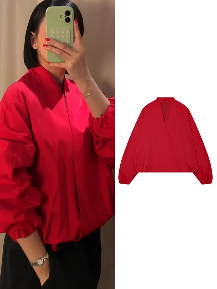 TFMLN Fashion Red Short Jacket For Women Loose Fit V Collar Long Sleeve Coat 2026 Spring Autumn Female Street Outerwear