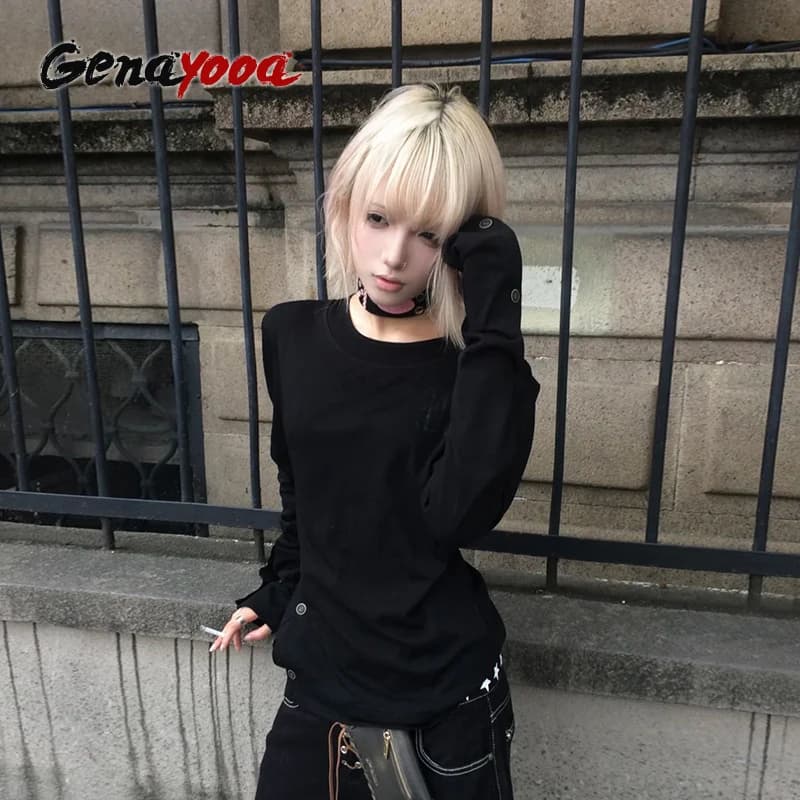 Genayooa Gothic Vintage T-shirt Women Long Sleeve Button Y2k Retro Black Grunge Tops Streetwear 2000s Print Tshirts Autumn