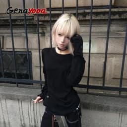 Genayooa Gothic Vintage T-shirt Women Long Sleeve Button Y2k Retro Black Grunge Tops Streetwear 2000s Print Tshirts Autumn