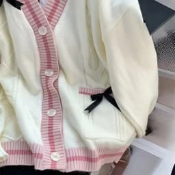 Sweet Bow Decor Knit Cardigan Women V‑Neck Plaid Cable Knit Loose Preppy Style Pink Striped Sweater Coat