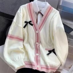 Sweet Bow Decor Knit Cardigan Women V‑Neck Plaid Cable Knit Loose Preppy Style Pink Striped Sweater Coat