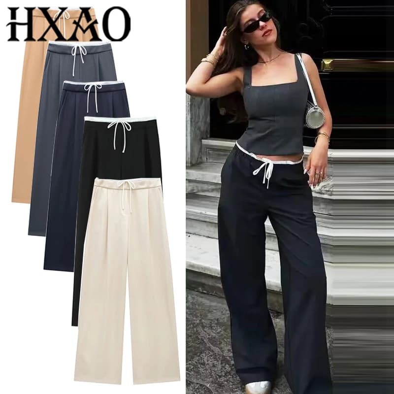 HXAO Women Pants Summer Baggy Pants For Woman Pleats Casual Black Pants Office Lace Up Fluid Trousers Boxer Gray Womens Pants