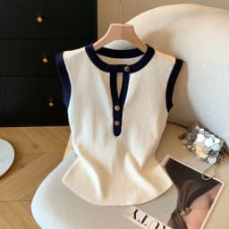 Women's Sleeveless T-shirt Elegant Button Round Neck Colorblock Knit Sleeveless Tshirts Cami Summer Elasticity Commuting Tops