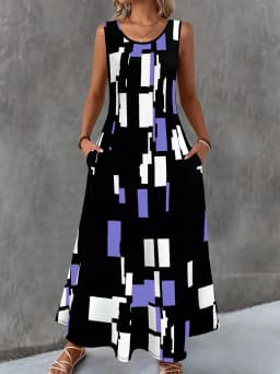 Women's Casual Dresses Summer Stylish Polka Dot Print Sleeveless Dress with Round Neck and Pockets Fashion Elegant Party Dresses