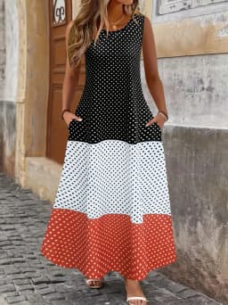 Women's Casual Dresses Summer Stylish Polka Dot Print Sleeveless Dress with Round Neck and Pockets Fashion Elegant Party Dresses