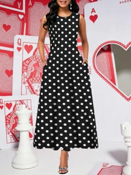 Women's Casual Dresses Summer Stylish Polka Dot Print Sleeveless Dress with Round Neck and Pockets Fashion Elegant Party Dresses