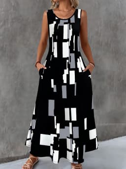 Women's Casual Dresses Summer Stylish Polka Dot Print Sleeveless Dress with Round Neck and Pockets Fashion Elegant Party Dresses