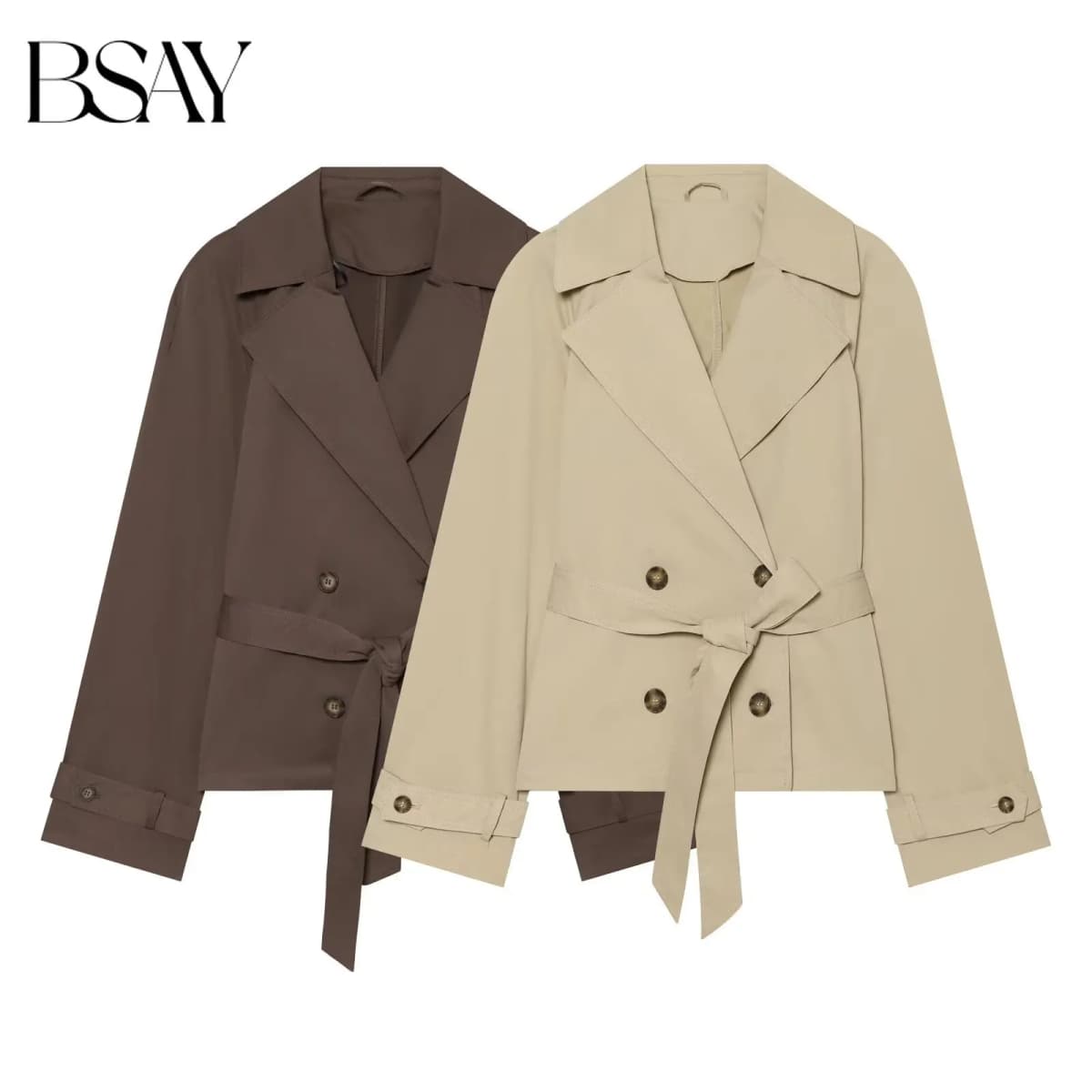 BSAY 2026 Women Short Trench Coat Lapel Double Breasted Belted Waist Long Sleeve Cropped Windbreaker Casual Commuter Outerwear