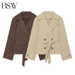 BSAY 2026 Women Short Trench Coat Lapel Double Breasted Belted Waist Long Sleeve Cropped Windbreaker Casual Commuter Outerwear