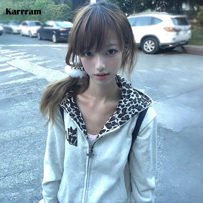 Karrram Japanese Y2k Devil Hooded Jacket 2000s Style Puppy Print Outerwears Vintage Harajuku Thin Zipper Coat American Retro 90s