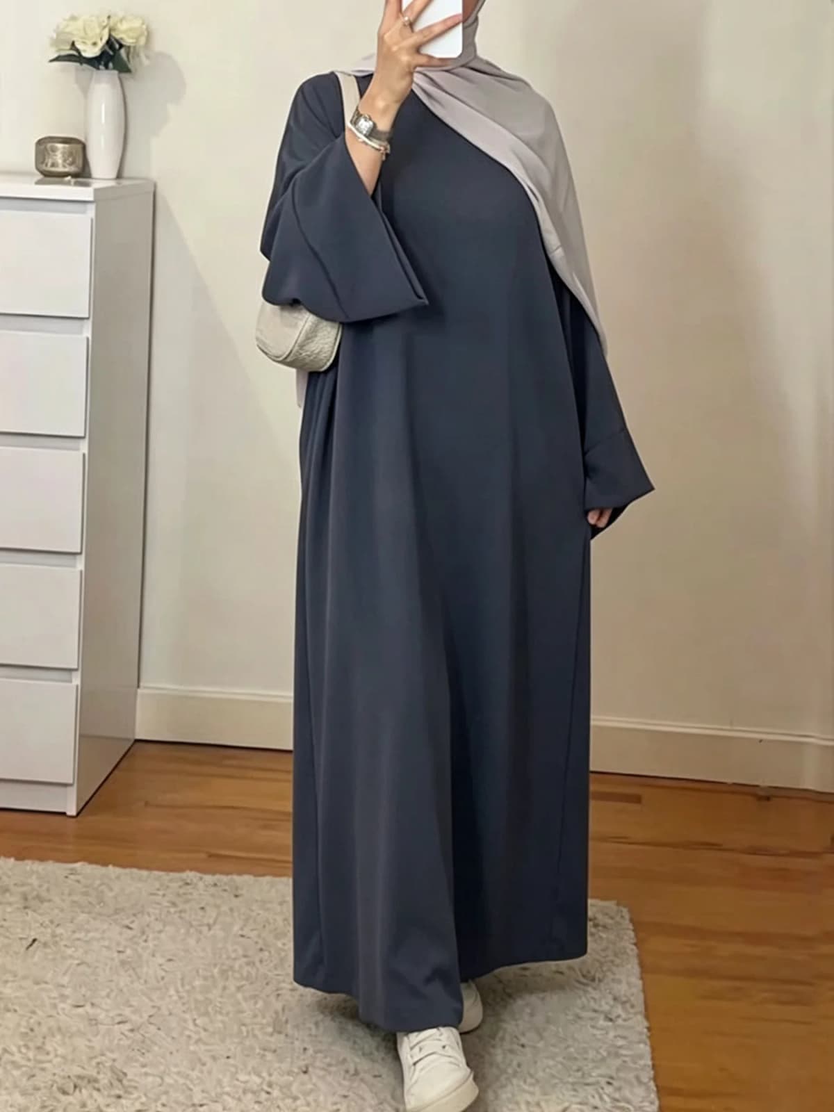Muslim Abaya Dress for Women Solid Color Loose Long Sleeve Maxi Dress Casual Islamic Kaftan Modest Prayer Robe