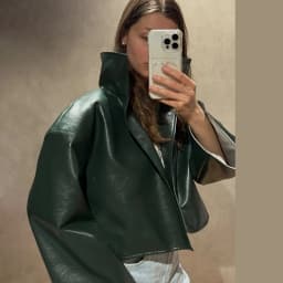 Women Retro Cropped Pu Leather Jacket High Stand Collar Open Front Loose Oversized Long Sleeve Outerwear Street Short Outerwear