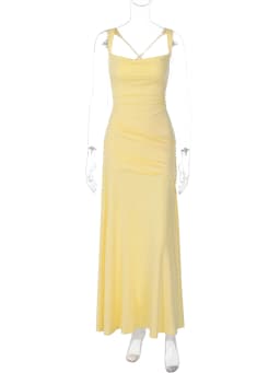 Hugcitar Women'S Elegant Square Collar Straps Solid Ruched Backless Lace Up Sexy Maxi Dress Summer Women Clothes Vacation Party