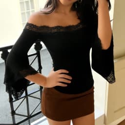 SUCHCUTE Off-the-shoulder Lace-trim Patchwork Bell Sleeves Top Women Elegant Slim T-shirts Y2k Casual Pullovers Tees Coquette