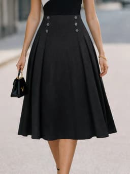 Women Elegant High Waist A Line Midi Skirt Pleated Flare Skirt Button Detail Solid Color Casual Office Work Party Chic Outfit