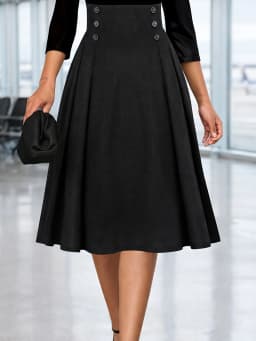 Women Elegant High Waist A Line Midi Skirt Pleated Flare Skirt Button Detail Solid Color Casual Office Work Party Chic Outfit